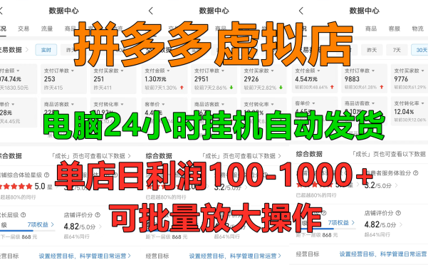 拼多多虚拟店，24小时挂机发货，单店日入100-1000+，可批量放大操作，新手首选项目